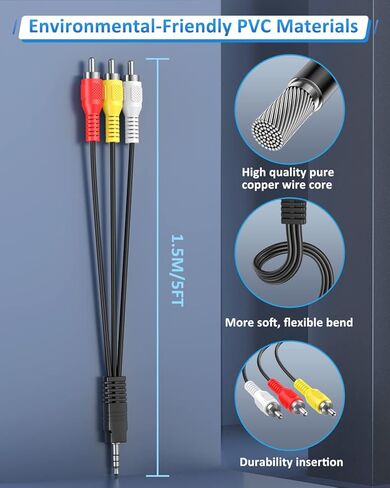 Onvian 3.5 ملم إلى 3 RCA ذكر التوصيل إلى RCA ستيريو الصوت والفيديو ذكر AUX كابل 5FT الحبل in Kuwait