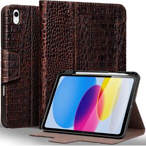 Gexmil Case for iPad 10th Generation 2022, iPad 10.9 Inch Case,Genuine Leather,Made from Real Leather Cowhide Unique Grain Cover，with Pencil Holder,with case Buckle (Sand Dark Brown)