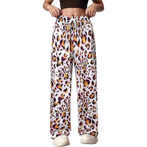 RMCMS Women Leopard Print Pajama Pants Cheetah Wide Leg Pjs Pants High Waisted Drawstring Lounge Bottoms with Pockets