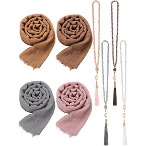 8 Pcs Eid Al-fitr Ramadan Gift Include 4 Soft Cotton Hemp Scarf Shawl 4 Muslim Prayer Beads Tasbih Prayer Beads for Woman Prayer Ramadan Eid Al-fitr Gift Eid Al-fitr Party Favors