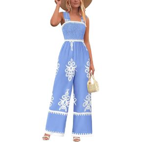 Prettygarden Womens Phemensuit عارض واحد قطعة واحدة بوهو الصيف shirred حزام عريض الساق طويلة السراويل الطويلة مع جيوب