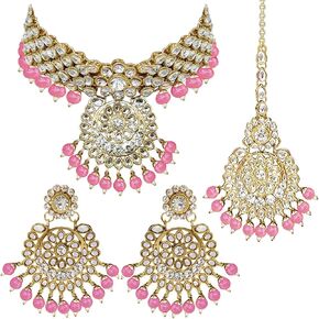 Aheli Elegant Wedding Party Wear Faux Kundan Studded Short Necklace Earrings with Maang Tikka Set Indian Ethnic Bollywood Fashion Jewelry Gift for Women
