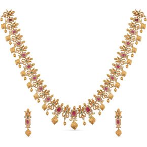 TARINIKA Antique Gold Plated Ahaana Long Necklace Set with Floral Design - Indian Jewelry Sets for Women | Perfect for Ethnic Occasions | Traditional South Indian Necklace | 1 Year Warranty*