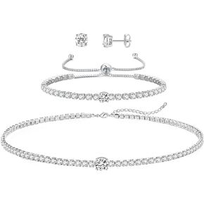 Tennis Necklaces Bracelet for Women Diamond Choker Tennis Bracelet,Silver Necklace Bracelet Set, Wedding Bridesmaid Gifts Jewelry for Her