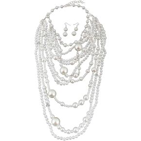 Gatsby 1920s Multilayer Faux Pearl Necklace Long Sweater Chain Necklace Earrings for Women Vintage Bridal Jewelry Set