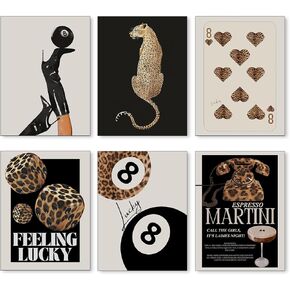 jkahh Trendy Leopard Canvas Wall Art Set of 6 Funky Lucky 8 Ball Cheetah Poster Gallery Girly Magazine Prints Vintage Boots Martini Room Aesthetic for Bedroom Apartment Dorm Decor 8x10in unframed
