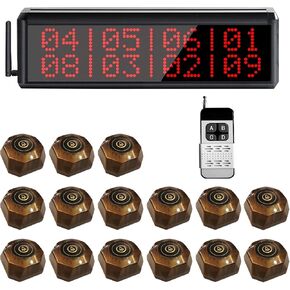 Restaurant Pager System Queue Calling System Wireless Table Call with 1 Display Screen/15 Waterproof Call Buttons/1 Remote Control for Service Calling