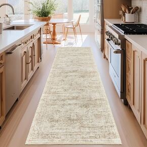 Kitchen Runner Rug Non Slip - 2.5 x 8 Runners for Hallways, Entryway, Bedroom, Washable Runner Rugs for Bathroom, Laundry Room, Low Pile Soft Vintage Area Rug(2.5'x8', Beige/Ivory)