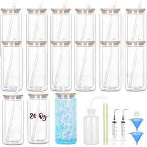 15 Pack Acrylic Snow Globe Tumbler, 20 Oz Pre Drilled Double Wall Snow Globe with Bamboo Lid Supplies Kit, Plastic Snowglobe Tumbler Diy Kit Including Cups And Diy Tools