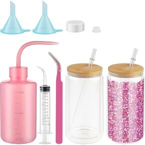 HCEWSBFD 7Pack Snow Globe Tumbler Supplies for Glitter with Lid,2Pcs Snow Globe DIY Contains Plastic Squeeze Bottle Small Funnel Tweezers Bent Syringe for DIY Cup Making Supplies Craft Gift