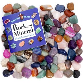 DANCING BEAR 2 Pounds (lbs) Tumbled Polished Natural & Dyed Gem Stones + Educational Color ID Sheet & 28 Page Rock & Mineral Identification Book. Average Stone Size 1 inch, Limited Edition