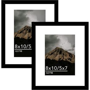 2 Packs 8x10 Picture Frame with 5x7 Mat Black, Display 5x7 with Mat or 8x10 Without Mat, Wood 8 by 10 Photo Frame, 8 x 10 Photo Frame for Wall Hanging and Tabletop Display, Black
