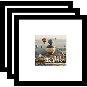 8x8 Picture Frame With Mat, Display 4x4 With Mat or 8x8 Without, Wood Square Photo Frame for Wall Hanging or Tabletop, 1 Pack, Black