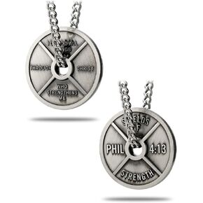 Shields of Strength Men's Weight Plate Necklace Philippians 4:13 Bible Verse for Gym Fitness Athlete Weightlifter Christian Gifts Dumbbell Jewelry