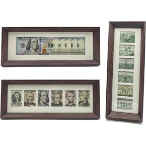 dollar picture frames，3-in-1 Dollar Bill Display ，10 billion banknote，america President portrait，USA Historical Buildings，White House，declaration of independence，wall office desk decor