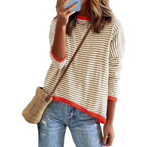 Buauty Womens Long Sleeve Crewneck Knitted Striped Sweaters Casual Color Block Drop Shoulder Pullover Trendy Tops