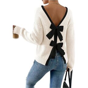 Women's Bowknot Ribbed Knit Sweaters Long Sleeve Crewneck Color Block Dressy Pullover Tops