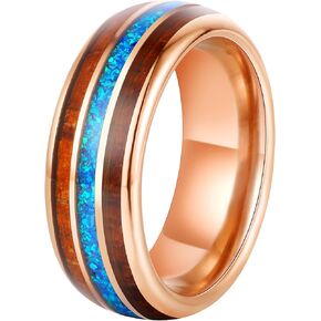 8mm Tungsten Rings for Men Rose Gold Men's Wedding Engagement Promise Bands with Meteorite/Dinosaur Bone/Wood/Blue Green Opal Chips Inlay Dome Polished Comfort Fit Size 7-14
