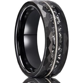 Tungsten Carbide Rings for Men Black Hammered 8mm Inlaid Guitar Strings and Meteorite Men's Wedding Bands High Polished Comfortable Fit