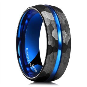 King Will Hammer 6mm/8mm Blue Hammered Tungsten Carbide Ring Black Two Tone Wedding Band Groove Step Edge Comfort Fit Size 6-14