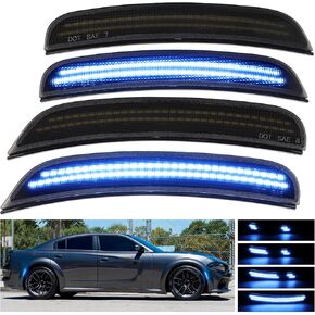 Dynamic Blue LED Side Marker Lights for Dodge Charger 2015 2016 2017 2018 2019 2020 2021 2022 2023 2024 Front Rear Bumper Sequential Signal Lamps, 4PCS Smoked Lens