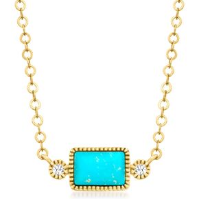 RS Pure by Ross-Simons Turquoise Necklace With Diamonds in 14kt Yellow Gold. 18 inches