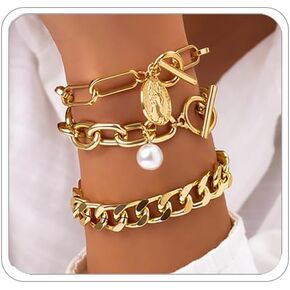 Chunky Gold Bracelets for Women Trendy Gold Chunky Stacked Pearl Bracelets Golden Pearl OT Clasp Bracelet Chain Portrait Pendant Bracelet Golden Jewelry Set Gift