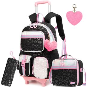 Meetbelify Rolling Backpack for Girls Backpack with Wheels Kids Cute Carry on Backpack with Lunch Box Pencil Case for Elementary Student Teen Girls Luggage Travel Suitcase Girls 8-10