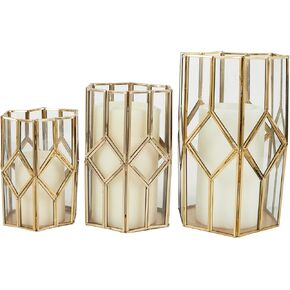 CosmoLiving by Cosmopolitan Metal Diamontric Diamond Sendle Candle Candle Lantern مع زجاج واضح ، مجموعة من 3 10 "، 8" ، 7 "H ، الذهب