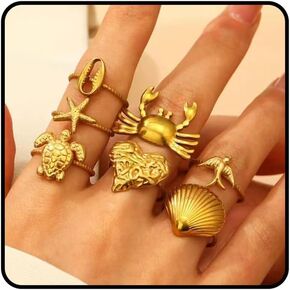 6pcs مجموعة ذهبية Seashell نجم البحر الخاتم للنساء ، و 18 كيلو الذهب الصيف شاطئ الصيف موجة الفولاذ المقاوم للصدأ الحلقات القابلة للتكديس قابلة للتعديل الأزياء الهدايا المجوهرات الشاطئية
