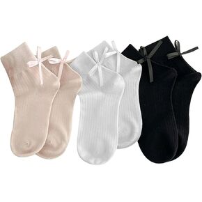 Yxmeiguo Women's Bow Socks - Cotton Sweet Lolita Dress Casual Crew Breathable Soft Cute Girls Textured Ankle Socks - 3 Pairs