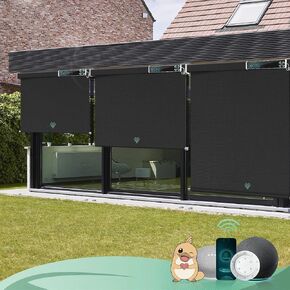 Yoolax Motorized Outdoor Shades Smart Retractable Patio Screens Compatible with Alexa Google, Remote Control Blinds for Porch Patio Waterproof Roller Shades 7X8ft (3% Openness Paine Grey)
