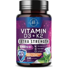Vitamin D3 K2 - High Potency 5000iu D3 (125mcg) & 100mcg K2 (MK7) for Calcium Absorption, Bone, Teeth, Heart & Immune Support, Easy to Swallow D & K Complex, Non-GMO & Gluten Free - 240 Softgels