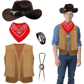 Cowboy Costume Men for Men with Western Cowboy Hat Necktie Bracelet Bandana(XL)