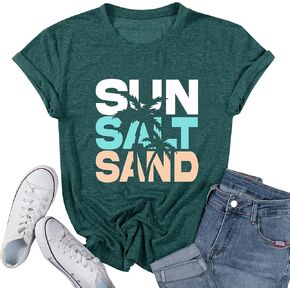 Summer Beach Graphic Tees for Women Sun Salt Sand Shirts Palm Tree Sunset Casual Vacation Tops