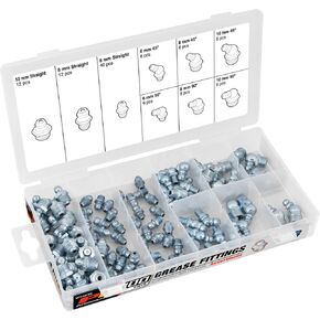 Performance Tool W54239 Metric Grease Fitting Assortment Kit - 88 Pieces, Straight/45/90 Degree, 6mm/8mm/10mm Sizes, Zinc Plated Steel Construction