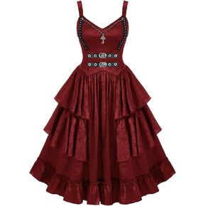 Rosegal Womens Plus Size Victorian Gothic Jacquard Grommets Buckle Cross Layered Sleeveless Midi Dress