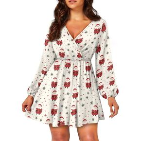 Women's V Neck Long Sleeve Flowy Dress - Casual Empire Waist Mini Holiday Outfits Swing Skater