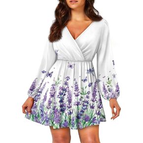Women's V Neck Long Sleeve Flowy Dress - Empire Empire Weist Mini Holiday Outfits Swing Skater in Kuwait