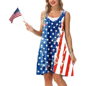 AOBUTE Women 4th of July Sleeveless Dress Patriotic V Neck Dresses