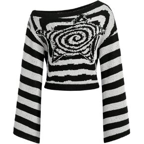 Women's Striped Knitted Sweater Y2K Punk Long Flare Sleeve Asymmetrical Neck Pullover Top