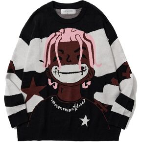 Long Sleeve Crewneck Anime Rapper Knit Sweater Harajuku Hip Hop Rap Vintage Knitted Sweater Streetwear