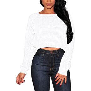 Pink Queen Crop Sweaters for Women Trendy Crew Neck Long Sleeve Fall Ribbed Pullover Cropped Knit Tops