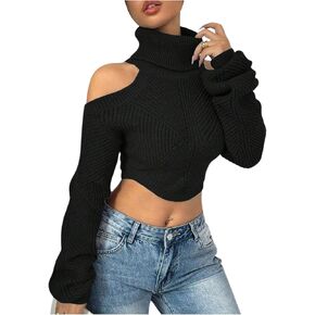 SOLY HUX Sweaters for Women Turtleneck Cold Shoulder Long Sleeve Cropped Pullover Tops Knit Fall Sweater