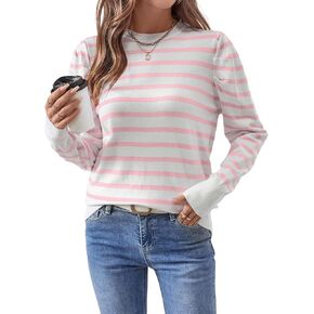 Women's Long Puff Sleeve Knit Tops Trendy Crew Neck Striped Blouses Casual Pullover Sweater