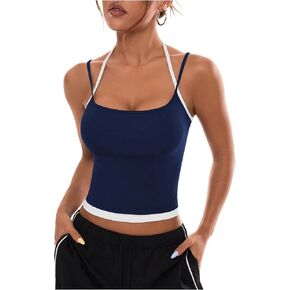 Verdusa Women's Open Back Workout 2 in 1 Halter Top Spaghetti Strap Athletic Yoga Crop Tops