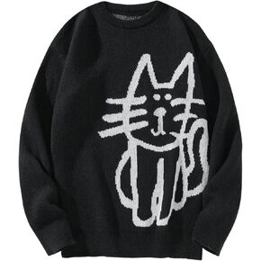 SHENHE Men's Long Sleeve Crew Neck Sweater Cat Print Cute Casual Fall Sweater Pullover