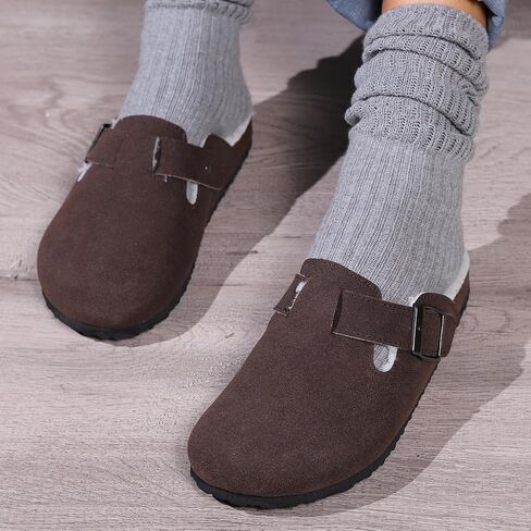 Women's Faux Suede Slip-On Clogs with Buckle Strap Faux Fur Lining Womens Slippers in Saudi Arabia