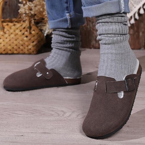 Women's Faux Suede Slip-On Clogs with Buckle Strap Faux Fur Lining Womens Slippers in Saudi Arabia