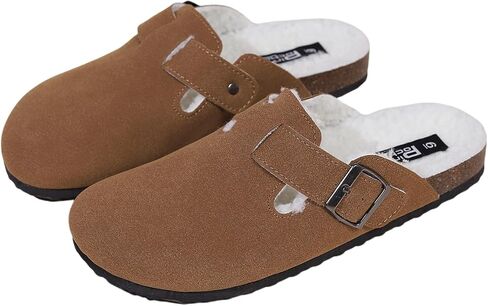 Women's Faux Suede Slip-On Clogs with Buckle Strap Faux Fur Lining Womens Slippers in Saudi Arabia